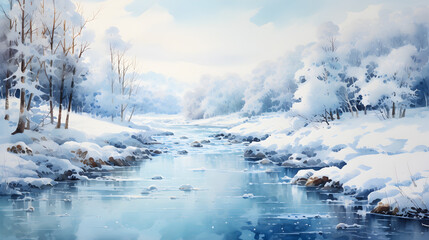 winter landscape with snow covered trees and river