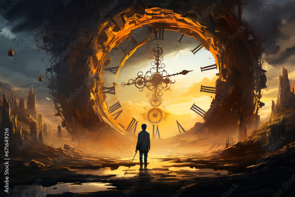 Poster a man standing in front of a giant clock. surreal time loop, time travel or time related composition