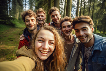 A wide angle selfie of a group of happy young friends in the forest