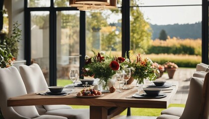 Fireplace and outdoor deck in sunny dining space