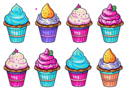 Collection of playful kawaii cupcake decals suitable for diverse embellishments on a clear canvas.