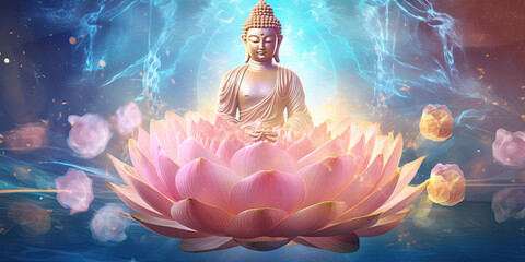 glowing Lotus flowers and gold buddha statue - obrazy, fototapety, plakaty