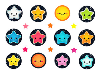 Set of fun stickers with little flowers, stars, rainbows, kittens and various kawaii pets for decoration of all kinds on a transparent background.