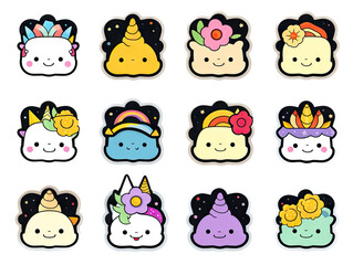 Fototapeta premium Set of fun kawaii unicorn stickers for decoration of all kinds on a transparent background.