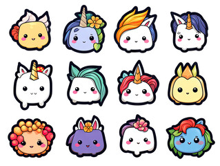 Set of fun kawaii unicorn stickers for decoration of all kinds on a transparent background.