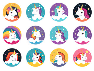 Set of fun kawaii unicorn stickers for decoration of all kinds on a transparent background.