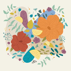 Floral arrangement with lemon slices, vector illustration of flowers.