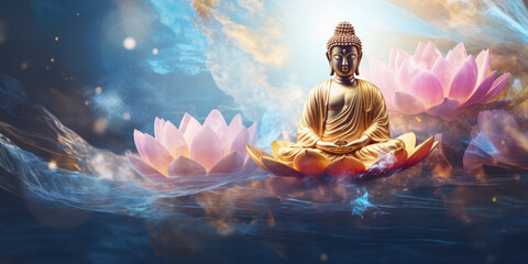 glowing Lotus flowers and gold buddha statue