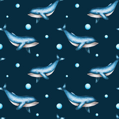 Watercolor seamless pattern with blue whales isolated on white background. Hand painting realistic Arctic and Antarctic ocean mammals. For designers, decoration, postcards, wrapping 