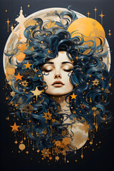 beautiful woman in the sky with stars and flowers