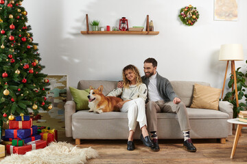 cheerful couple sitting on couch and cuddling corgi dog near decorated Christmas tree at home