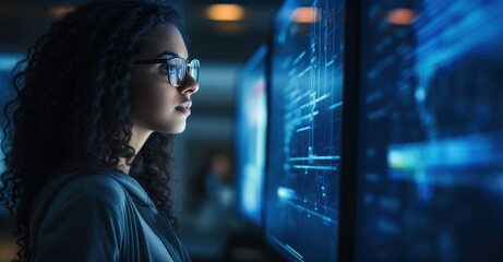 a cybersecurity expert intently stares at the luminous screens, her eyes reflecting lines of code - obrazy, fototapety, plakaty