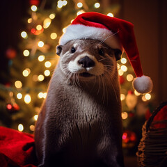 Otters celebrating Christmas, in various locations, dressed with Christimas costume.