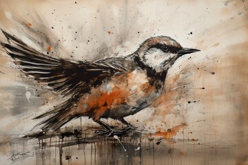 Illustration of a bird using charcoal and acrylic on paper. Generative AI
