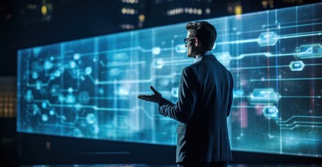 a young prodigy demonstrates a cybersecurity protocol on a transparent holographic screen