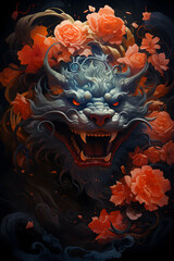 beautiful chinese dragon in the dark background with flowers
