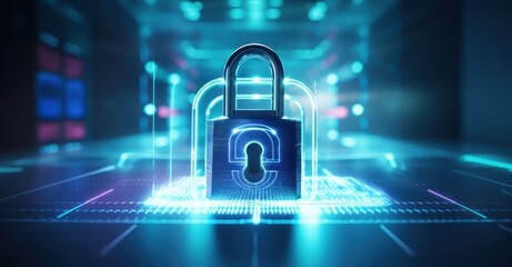 padlock hologram emanating bright neon blue light, casting shadows over a futuristic control panel