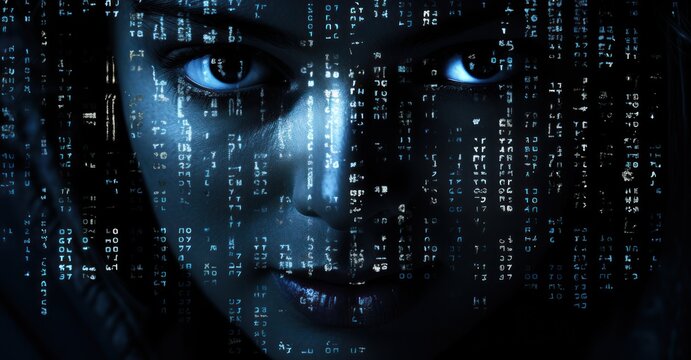 digital face shielded in shadows, only the eyes lit by the reflection of a code-filled screen