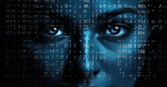 digital face shielded in shadows, only the eyes lit by the reflection of a code-filled screen