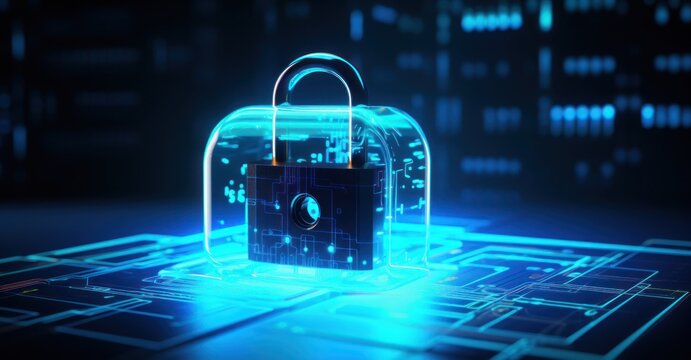 padlock hologram emanating bright neon blue light, casting shadows over a futuristic control panel - Powered by Adobe