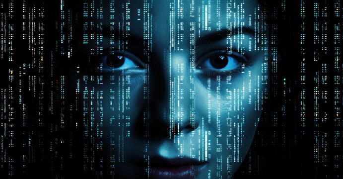 digital face shielded in shadows, only the eyes lit by the reflection of a code-filled screen
