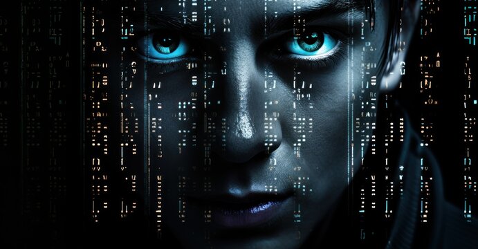 digital face shielded in shadows, only the eyes lit by the reflection of a code-filled screen