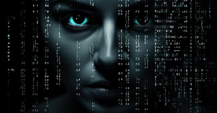 digital face shielded in shadows, only the eyes lit by the reflection of a code-filled screen