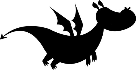 vector black silhouette of flying dragon. chubby dragon silhouette. baby dragon shape