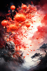 chinese traditional chinese art painting of red cloud with lanterns