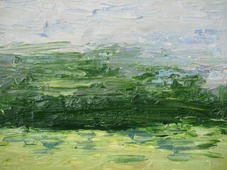 Oil painting with an abstract landscape. Nature theme. Textured oil painting