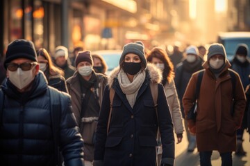 Crowd of people walking street wearing covid masks - obrazy, fototapety, plakaty