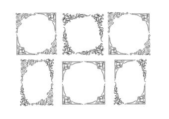 Hand drawn vector abstract outline,graphic,line art vintage baroque ornament floral frames set in minimalistic modern style.Baroque floral vintage outline design concept.Vector antique frame isolated. - 671651282