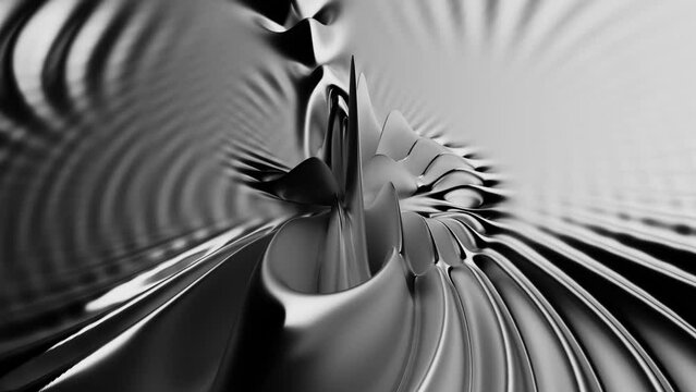 3d render of monochrome black and white abstract art video animation with surreal plane field based on liquid aluminium metal in deformation process create wavy water effect ripple rings on surface 