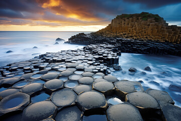 Landscape of the Giant’s Causeway ,Ireland,A giant rock formation with many interlocking columns.