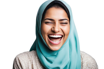 a quality stock photograph of a happy young islam woman laughs and screams with joy isolated on white or transparant background