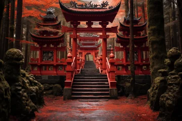 Rollo landscape of the Motonosumi-Inari Shrine , Japan, A red torii gate and stairs leading to a temple in the woods © fangphotolia