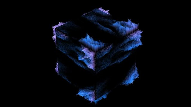 3d render of abstract art video animation of surreal 3d energy spiritual cube or box with wavy hair sticks around in blue neon fluorescent glowing color light in the dark on isolated black background