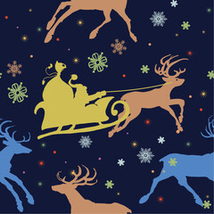 Santa sleigh, reindeers and snowflakes seamless pattern