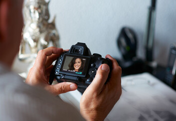 Camera, person or hands of photographer in home with creativity in pictures or photo in Italy....