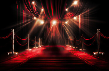 red carpet with ropes at entrance - obrazy, fototapety, plakaty