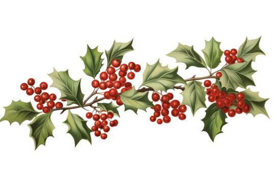 Christmas Holly Branch. Festive Design with Red Berries on a Winter Tree. Floral Border and Ornament on a Holiday Background.