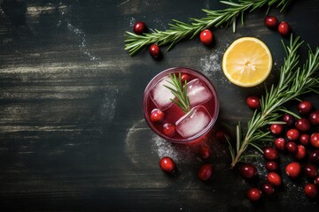 Cocktail Christmas Set: Winter Vodka Cocktail Recipe with Cranberry, Rosemary, and Lemon. Top View with Copy Space.
