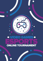 Naklejka premium Esports Online Tournament. Video Games streaming. Cyber sport and gaming concept. Play in arcade, video or computer game. Gamepad, controller or joystick. Leisure, entertainment and fun. Vector
