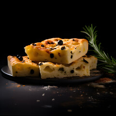 Focaccia with olives, food photography, sleek black background.