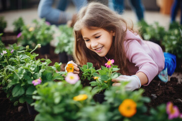 Little girl planting flowers in the garden.