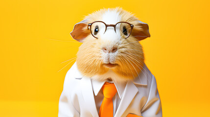 A laboratory guinea pig on yellow background - obrazy, fototapety, plakaty