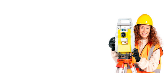 Fototapeta premium Construction site engineer woman in safety equipment working with surveying total station EDM instrument isolated on white background. Building, developing, construction and architecture concept.