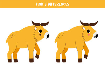 Find 3 differences between two cute cartoon golden takin.