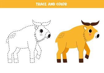 Trace and color cartoon golden takin. Worksheet for children.