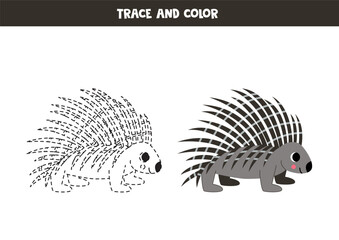 Trace and color cartoon porcupine. Worksheet for children.